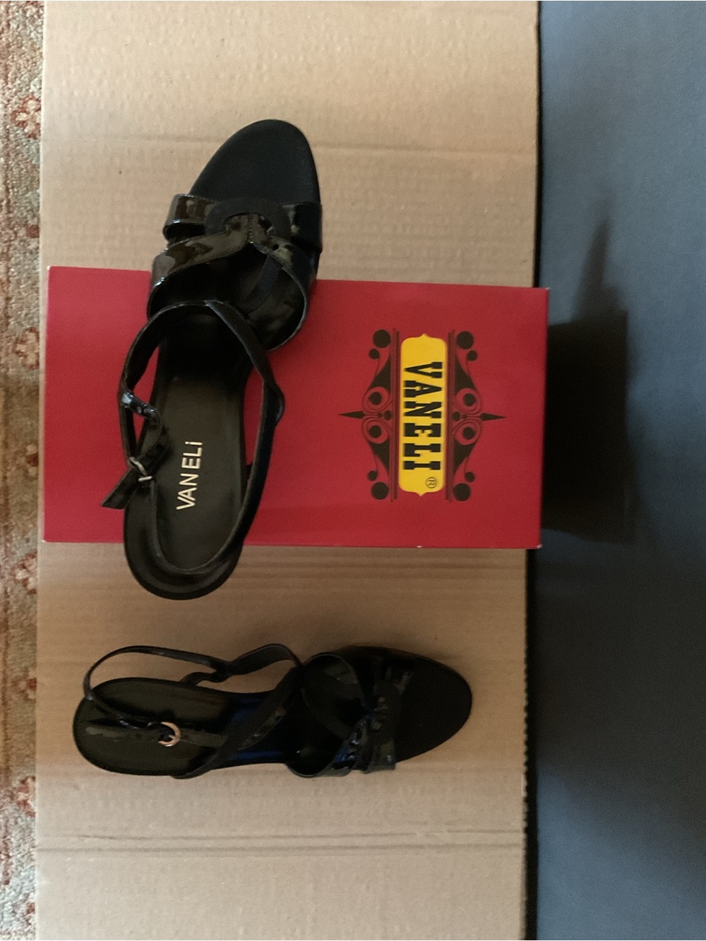 Vaneli Black Patent Strappy Women's Sandals with Ankle Buckle